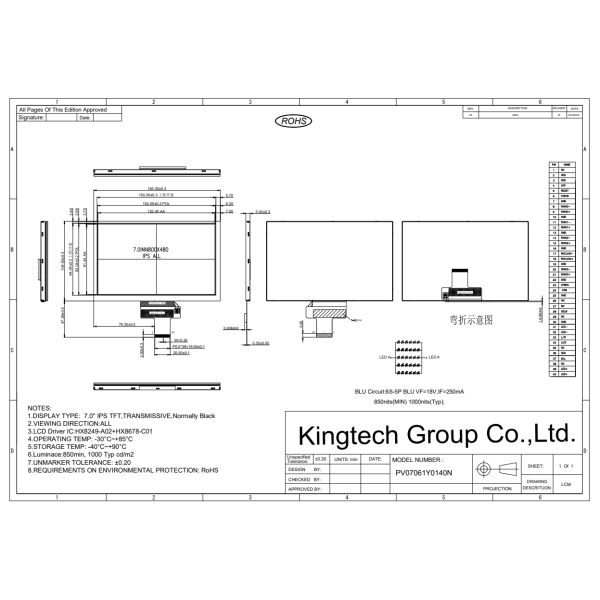 Kingtech wide temperature high brightness 7 inch LCD display