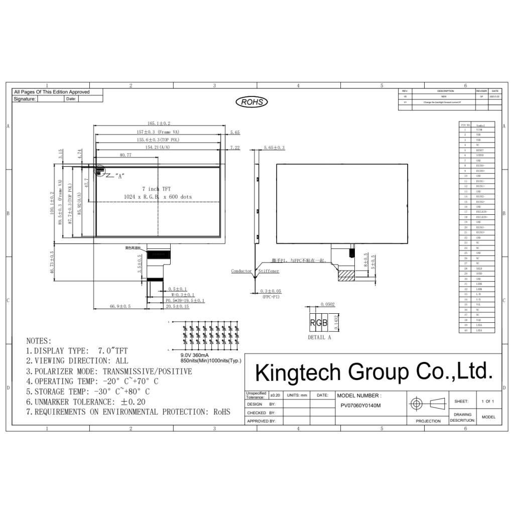 Kingtech 1000nits/high brightness/sunlight readable/outdoor 7 inch LCD display